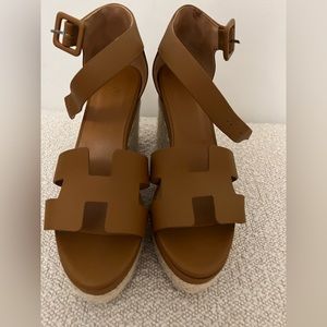 Leather Elda Espadrille Wedge Sandals 38 Brown
